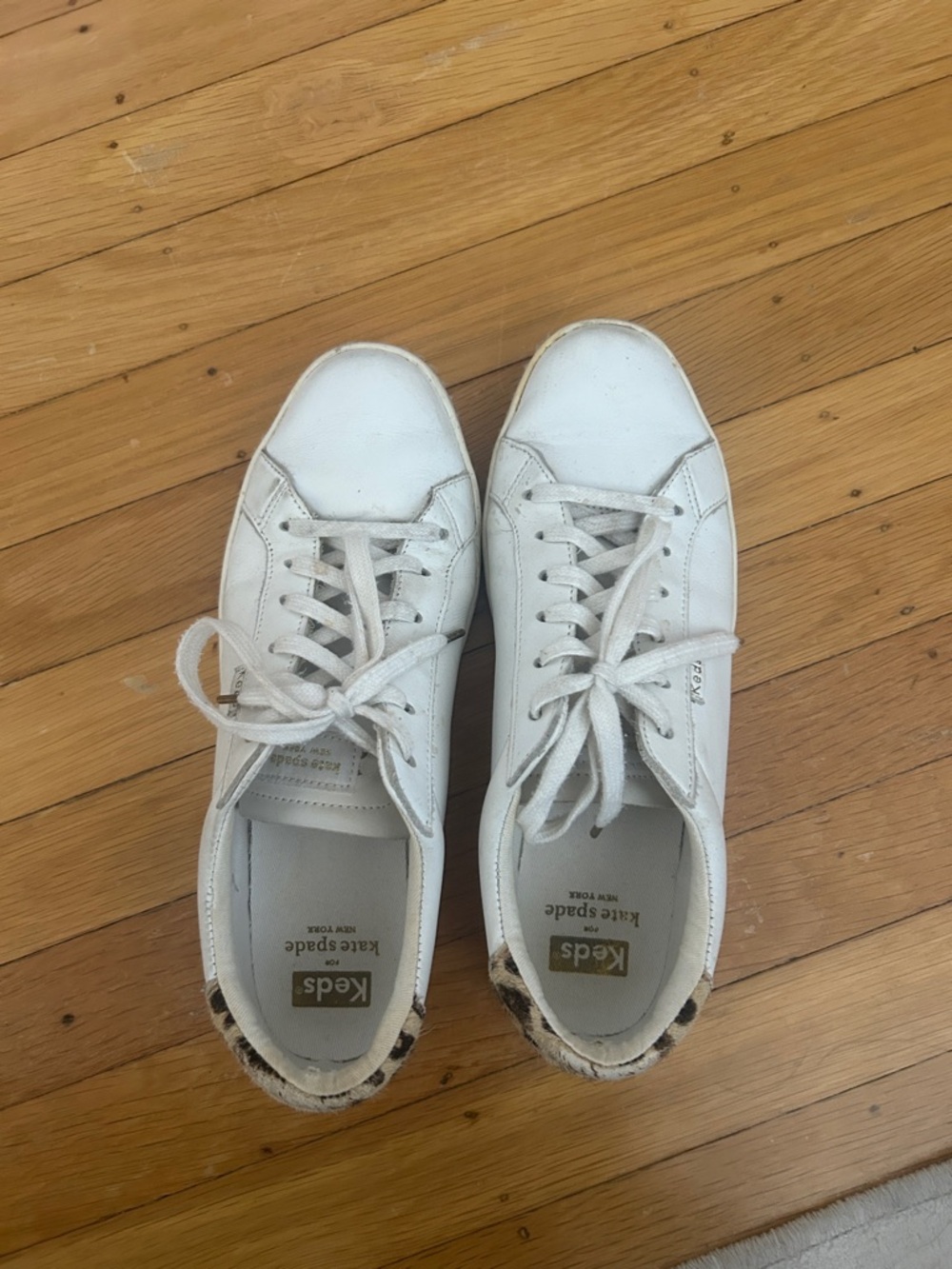 Keds x Kate Spade White Leather Sneakers with Leopard Mohair Trim Size 8.5